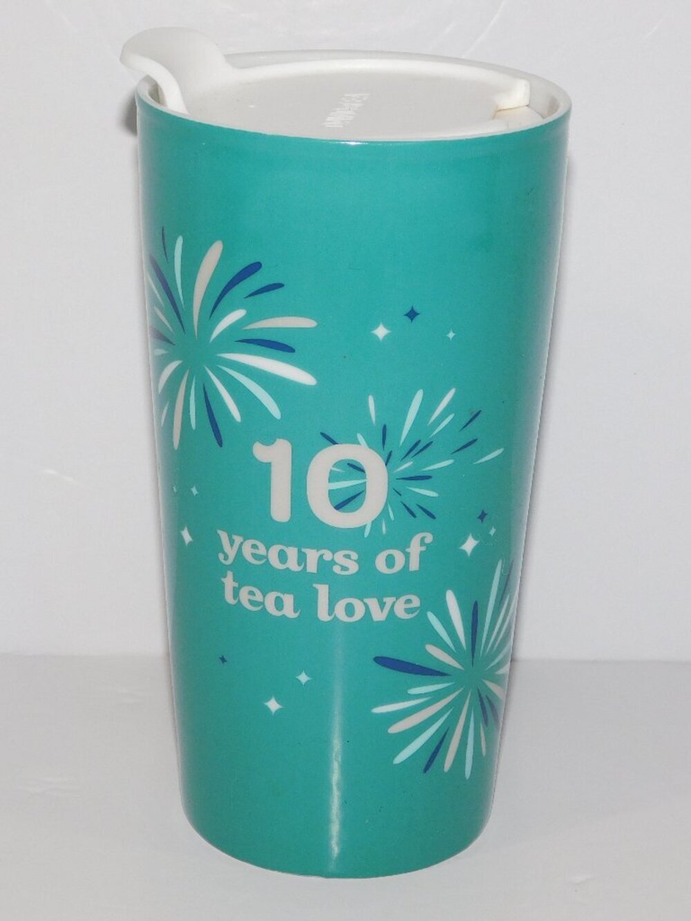 David's Tea Teal White 10 Years of Love Ceramic Travel Tumbler Mug  14oz Coffee